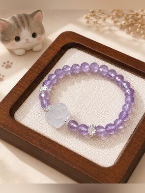 Kitty Paw Stamp Handmade  | 💎Faceted Natural purple Amethyst Crystal Bracelet